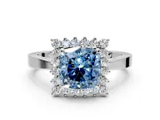 Starburst Halo Engagement Ring Setting for Fancy Blue Cushion Cut Center with Flat Cathedral Band and Prong Head in White Gold