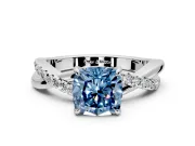 Crossover Engagement Ring Setting for Fancy Blue Cushion Cut Center with Pave and Plain Strands and Prong Head in White Gold