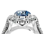 Large Accent Halo Engagement Ring Setting for Fancy Blue Round Cut Center with Pave Split Shank and Prong Head in Sterling Silver