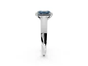 Halo Engagement Ring Setting for Fancy Blue Emerald Cut Center with Knife Ridge Cathedral Band and Prong Head in White Gold