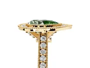 Halo Engagement Ring Setting for Fancy Green Pear-Shaped Center with Milgrain Pave Band and Bezel Head in Yellow Gold
