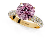 Solitaire Engagement Ring Setting for Fancy Pink Round Cut Center with Domed Multi-Row Pave Band and Prong Head in Yellow Gold