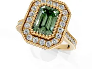 Halo Engagement Ring Setting for Fancy Green Emerald Cut Center with Milgrain Frame, Pave Band and Prong Head in Yellow Gold