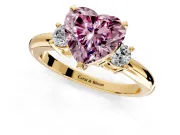 3 Stone Engagement Ring Setting for Fancy Pink Heart-Shaped Center with Wide Plain Band and Prong Head in Yellow Gold