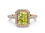 Halo Engagement Ring Setting for Fancy Yellow Radiant Cut Center with Inner Milgrain Border and Prong Head in Rose Gold