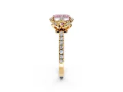 Halo Engagement Ring Setting for Fancy Pink Radiant Cut Center with Openwork Halo, Pave Band and Prong Head in Yellow Gold