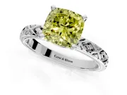 Solitaire Engagement Ring Setting for Fancy Yellow Cushion Cut Center with Milgrain X Pattern Band and Prong Head in Platinum