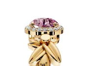 Halo Engagement Ring Setting for Fancy Pink Round Cut Center with Floral Band and Prong Head in Yellow Gold