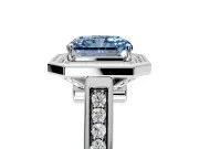 Halo Engagement Ring Setting for Fancy Blue Emerald Cut Center with Outer Bezel Rim, Pave Band and Prong Head in Platinum