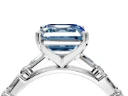 Baguette Engagement Ring Setting for Fancy Blue Asscher Cut Center with Alternating Bar-Set Band and Prong Head in Platinum
