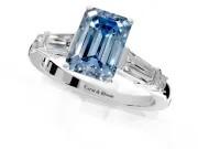 Bar-Set Engagement Ring Setting for Fancy Blue Emerald Cut Center with Tapered Baguette Accents and Prong Head in White Gold