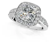 Bezel-Framed Halo Engagement Ring Setting for Cushion Cut Center with Pave Band and Prong Head in Sterling Silver