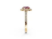 Halo Engagement Ring Setting for Fancy Pink Round Cut Center with Narrowing Pave Band and Prong Head in Yellow Gold