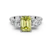 3 Stone Engagement Ring Setting for Fancy Yellow Emerald Cut Center with Crossover Basket, Pave Band and Prong Head in Platinum