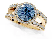 Halo Engagement Ring Setting for Fancy Blue Round Cut Center with Wide-Open Pave Split Shank and Prong Head in Yellow Gold