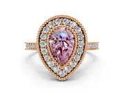 Halo Engagement Ring Setting for Fancy Pink Pear-Shaped Center with Milgrain Frame, Pave Band and Prong Head in Rose Gold