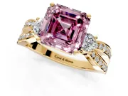 3 Stone Engagement Ring Setting for Fancy Pink Asscher Cut Center with Pave Twist Band and Prong Head in Yellow Gold
