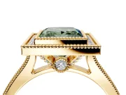 Halo Engagement Ring Setting for Fancy Green Princess Cut Center with Milgrain Pave Band and Bezel Head in Yellow Gold