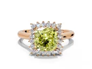 Starburst Halo Engagement Ring Setting for Fancy Yellow Cushion Cut Center with Thin Round-Wire Band and Prong Head in Rose Gold