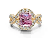 Halo Engagement Ring Setting for Fancy Pink Radiant Cut Center with Pave Infinity Twist Band and Prong Head in Yellow Gold