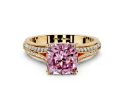 Solitaire Engagement Ring Setting for Fancy Pink Cushion Cut Center with Pave Rail Split Shank and Prong Head in Yellow Gold