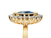 Halo Engagement Ring Setting for Fancy Blue Oval Center with Milgrain Bezel Rim, Plain Band and Prong Head in Yellow Gold