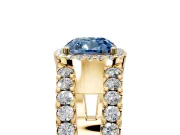 Halo Engagement Ring Setting for Fancy Blue Cushion Cut Center with Wide-Open Pave Split Shank and Prong Head in Yellow Gold