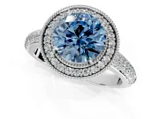 Milgrain Halo Engagement Ring Setting for Fancy Blue Round Cut Center with Three-Sided Pave Band and Prong Head in Sterling Silver