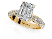 Solitaire Engagement Ring Setting for Emerald Cut Center with Domed Multi-Row Pave Band and Prong Head in Yellow Gold