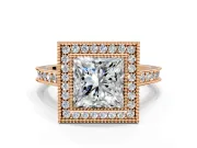 Halo Engagement Ring Setting for Princess Cut Center with Milgrain Pave Band and Bezel Head in Rose Gold