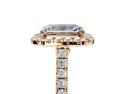 Halo Engagement Ring Setting for Emerald Cut Center with Narrowing Pave Band and Prong Head in Rose Gold