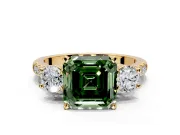 3 Stone Engagement Ring Setting for Fancy Green Asscher Cut Center with Crossover Basket, Pave Band and Prong Head in Yellow Gold