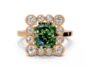 Cluster Halo Engagement Ring Setting for Fancy Green Radiant Cut Center with Milgrain Bezel Accents and Prong Head in Rose Gold