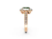 Halo Engagement Ring Setting for Fancy Green Radiant Cut Center with Milgrain Channel Band and Prong Head in Rose Gold