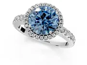 Accent Halo Engagement Ring Setting for Fancy Blue Round Cut Center with Full-Length Pave Band and Prong Head in White Gold