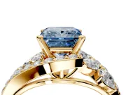 Halo Engagement Ring Setting for Fancy Blue Princess Cut Center with Marquise and Pave Bypass Band and Prong Head in Yellow Gold