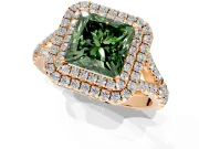 Double Halo Engagement Ring Setting for Fancy Green Princess Cut Center with Narrow Pave Split Shank and Prong Head in Rose Gold