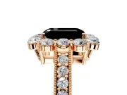 Halo Engagement Ring Setting for Fancy Black Emerald Cut Center with Milgrain Channel Band and Prong Head in Rose Gold