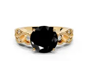 Leaf Engagement Ring Setting for Fancy Black Round Cut Center with Milgrain Accent Band and Prong Head in Yellow Gold