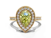 Halo Engagement Ring Setting for Fancy Yellow Pear-Shaped Center with Milgrain Pave Band and Bezel Head in Yellow Gold
