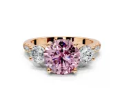 3 Stone Engagement Ring Setting for Fancy Pink Round Cut Center with Crossover Basket, Pave Band and Prong Head in Rose Gold