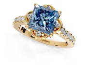 Floral Engagement Ring Setting for Fancy Blue Princess Cut Center with Pave Band and Floral Prong Head in Yellow Gold