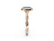Halo Engagement Ring Setting for Fancy Blue Radiant Cut Center with Twist Band and Prong Head in Rose Gold