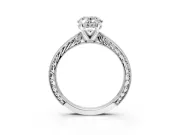 Solitaire Engagement Ring Setting for Oval Center with Engraved Milgrain Band and Prong Head in Platinum