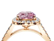 Halo Engagement Ring Setting for Fancy Pink Cushion Cut Center with Narrowing Pave Band and Prong Head in Rose Gold