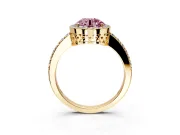 Halo Engagement Ring Setting for Fancy Pink Round Cut Center with Heart-Shaped Openwork, Pave Band and Prong Head in Yellow Gold