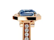 Halo Engagement Ring Setting for Fancy Blue Asscher Cut Center with Outer Bezel Rim, Pave Band and Prong Head in Rose Gold