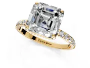 Solitaire Engagement Ring Setting for Asscher Cut Center with Pave Accents and Prong Head in Yellow Gold
