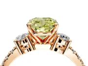 3 Stone Engagement Ring Setting for Fancy Yellow Cushion Cut Center with Round Cut Side Accents and Prong Head in Rose Gold