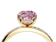 Solitaire Engagement Ring Setting for Fancy Pink Cushion Cut Center with Fine Pave Band and Prong Head in Yellow Gold